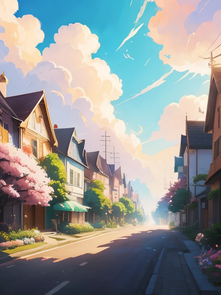 a painting of a street with flowers and houses, by sylvain sarrailh, beautifull puffy clouds. anime, beautiful anime scene, by Kubisi art, beautiful anime scenery, anime scenery, anime vibes, anime background art, anime sky, by Ryan Yee, ross tran. scenic background, by Kamagurka, anime landscape