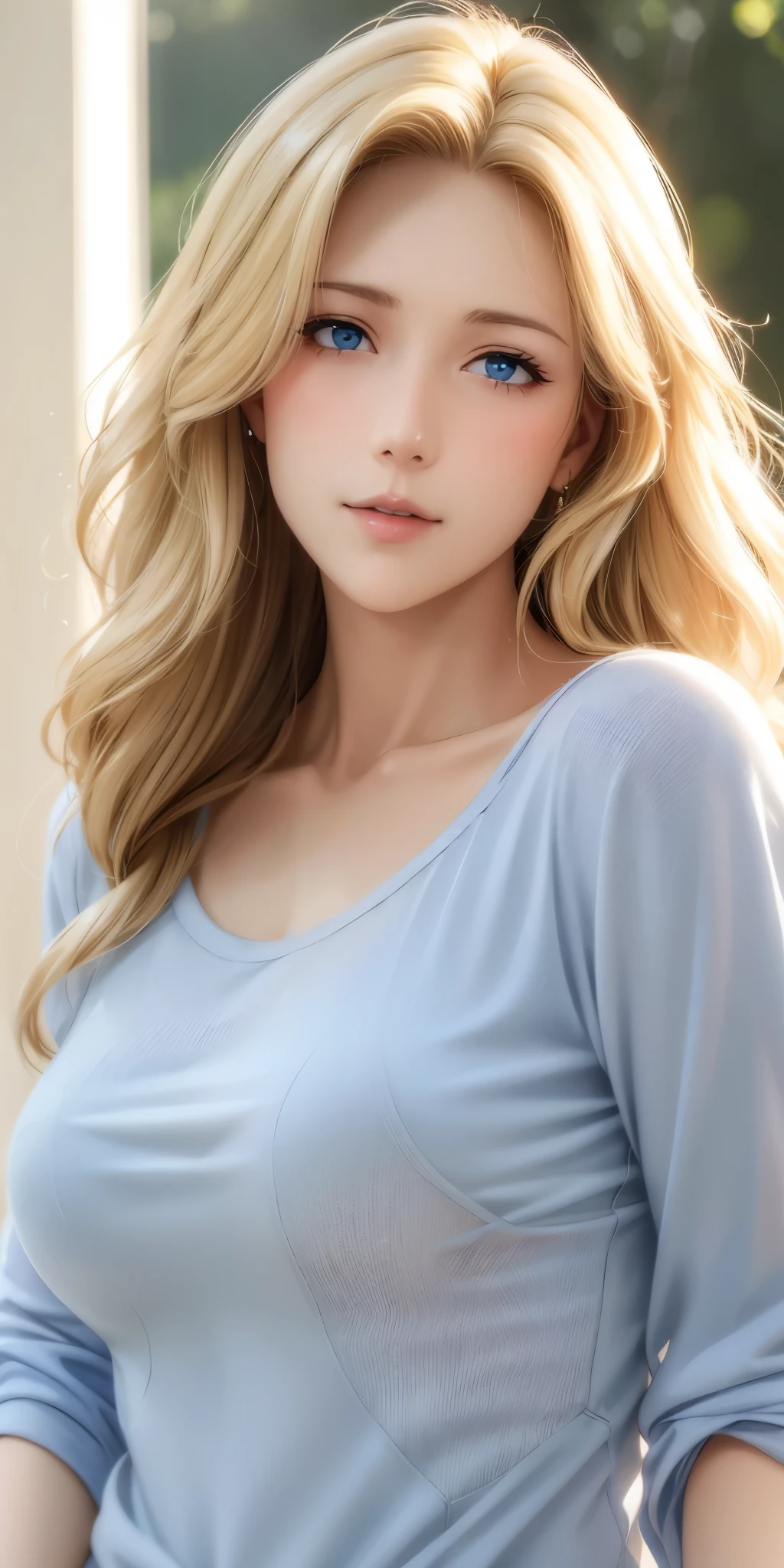 Elegant mature female, blue eyes, blonde hair, soft light, high detailed, 4k resolution, high quality, beautiful cg, 