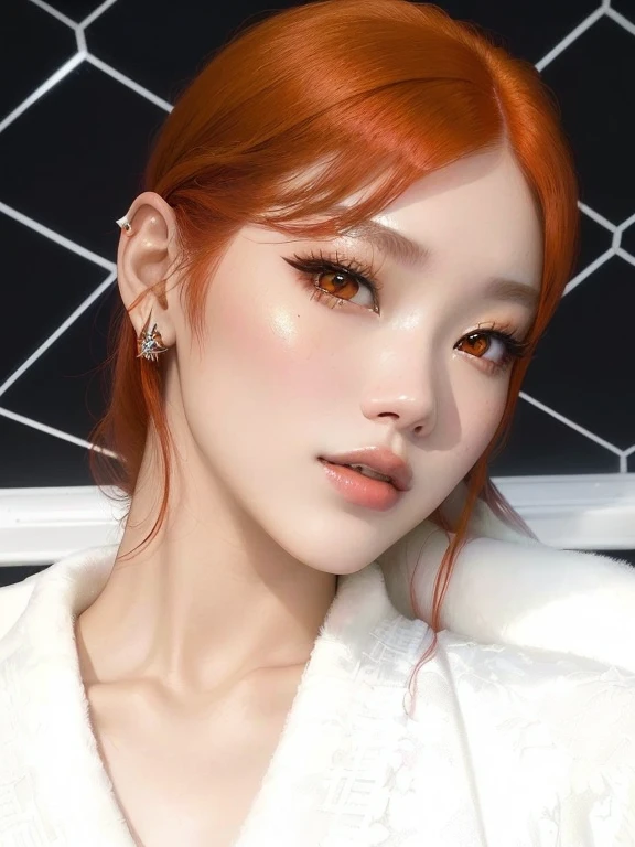 there is a woman with red hair and a white robe, portrait of jossi of blackpink, portrait jisoo blackpink, sun yunjoo, inspired by Tang Sin Yun Sandara, jossi of blackpink, popular south korean makeup, portrait of female korean idol, popular korean makeup, park ji-min, lee ji-eun, lee ji - eun