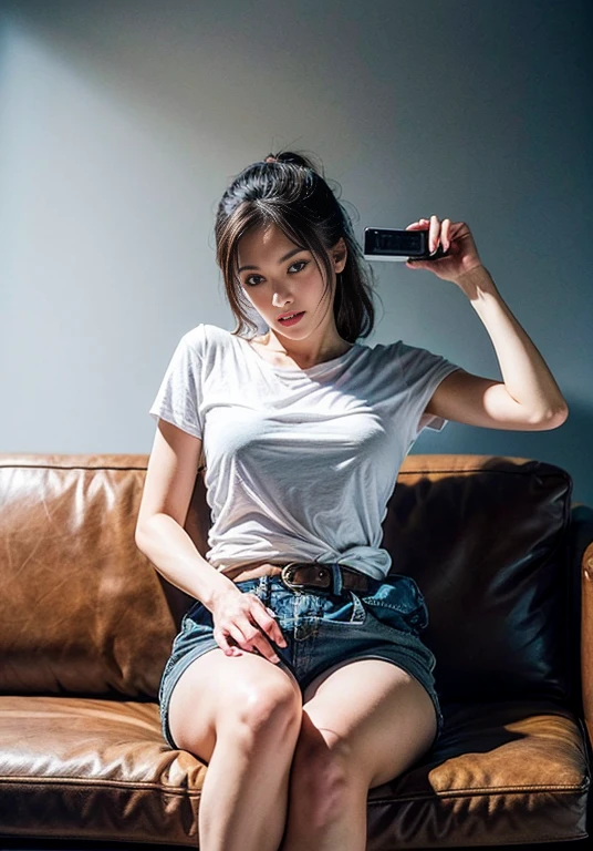 A boldly composed photograph of a Japanese woman that looks like it was taken by a famous artistic photographer, (((Blockbuster art photography)), (8k, Highest quality). A stunning composition using a model with excellent proportions. Perfect beauty model with a confident and balanced appearance, ((Highest quality質)), ((masterpiece)), (Familiar:1.4), ((Highest quality質のリアルな写真)), ((Shot with Hasselblad)), ((Best photo quality)), Beautiful womanの画像,Super Resolution,Slim and perfectly proportioned, Beautiful woman, ((Highest quality質, 8k, masterpiece: 1.3)), Beautiful woman, 1 female, Slim figure: 1.1, Perfect beauty, 20-year-old, (Realistic: 1.4), Ahegao, Shining Sweat, thin, Art photo composition with space around the woman, See through, (((Filming in a spacious studio))), (((The background is only gray and there is nothing.))), Full body photo, Anatomically correct hand, Anatomically correct legs, anatomically correct whole body, Marble room, White T-shirt and hot pants. Cowboy Shot, (((Holding your crotch with your hand))). (((Sitting on the sofa facing forward))),