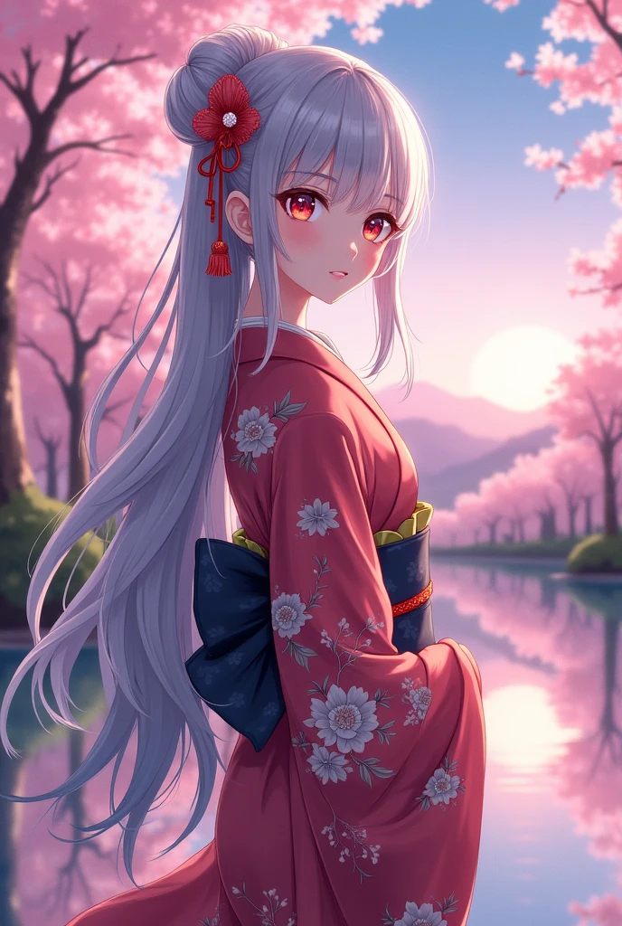 Anime Style。Silver Hair、Red Eye、A beautiful girl with big breasts is wearing a kimono against the backdrop of a Japanese landscape