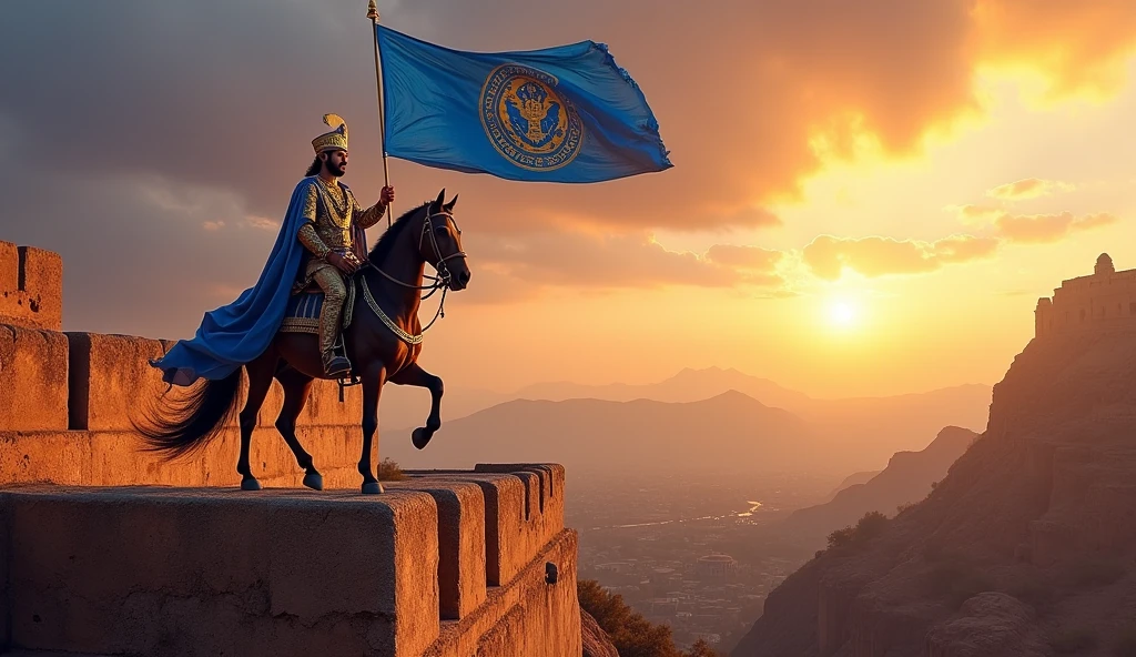 A victorious Maharana Pratap standing on the ramparts of a fort he has just reclaimed, with his rajput flag hoisted above, symbolizing his triumph. Dont put indian flag use any other colour flag