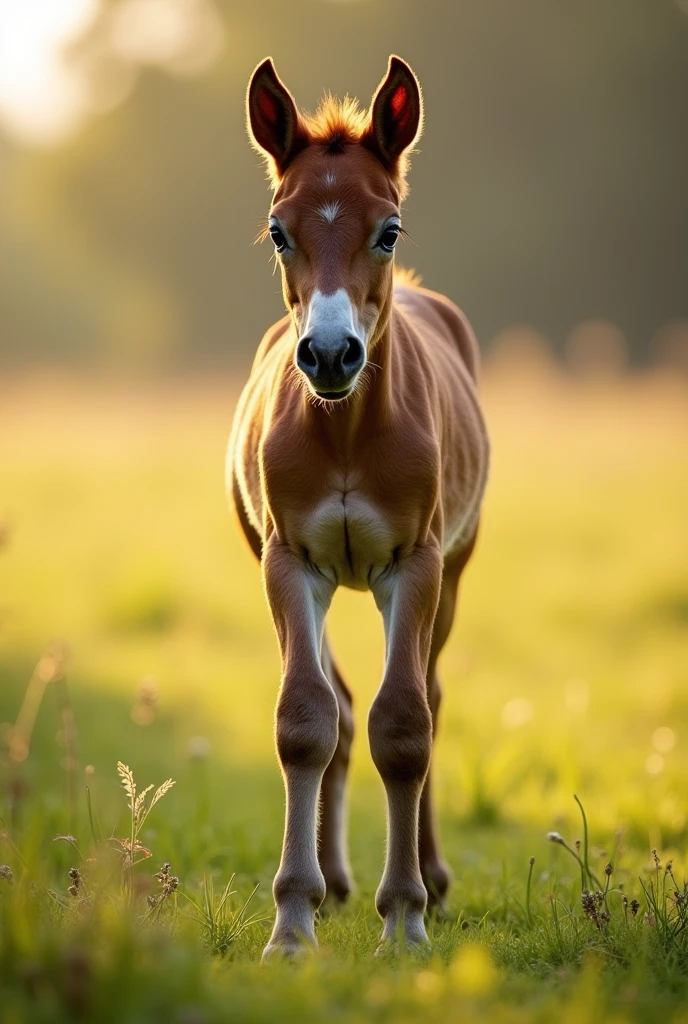 "A weak and fragile foal standing with its legs trembling, looking slightly undernourished. The foal should have a thin and delicate frame, with visible ribs and a frail appearance. The background should be a simple grassy field with soft sunlight. The atmosphere should convey a sense of vulnerability and innocence."
