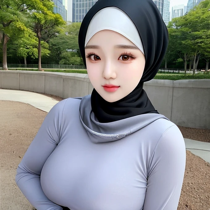 Hijab,realistic,kpop idol,1girl,korean girl,sexy,beautiful,he tall,super big breast,(W cup),happy very detailed face,tight t-shirt,hijab,and long tight pants outfit,in park,hijab girl standing, realistis girl