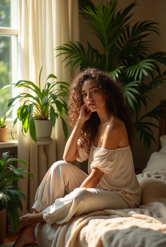 (photorealism:1.2), beautiful woman, sitting on bed, wearing loose off-shoulder top, pajama pants, long curly hair, indoors, soft lighting, plants in background, window with sunlight, cozy room, relaxed pose, realistic, intricate details, warm colors, by Greg Rutkowski, by Alphonse Mucha