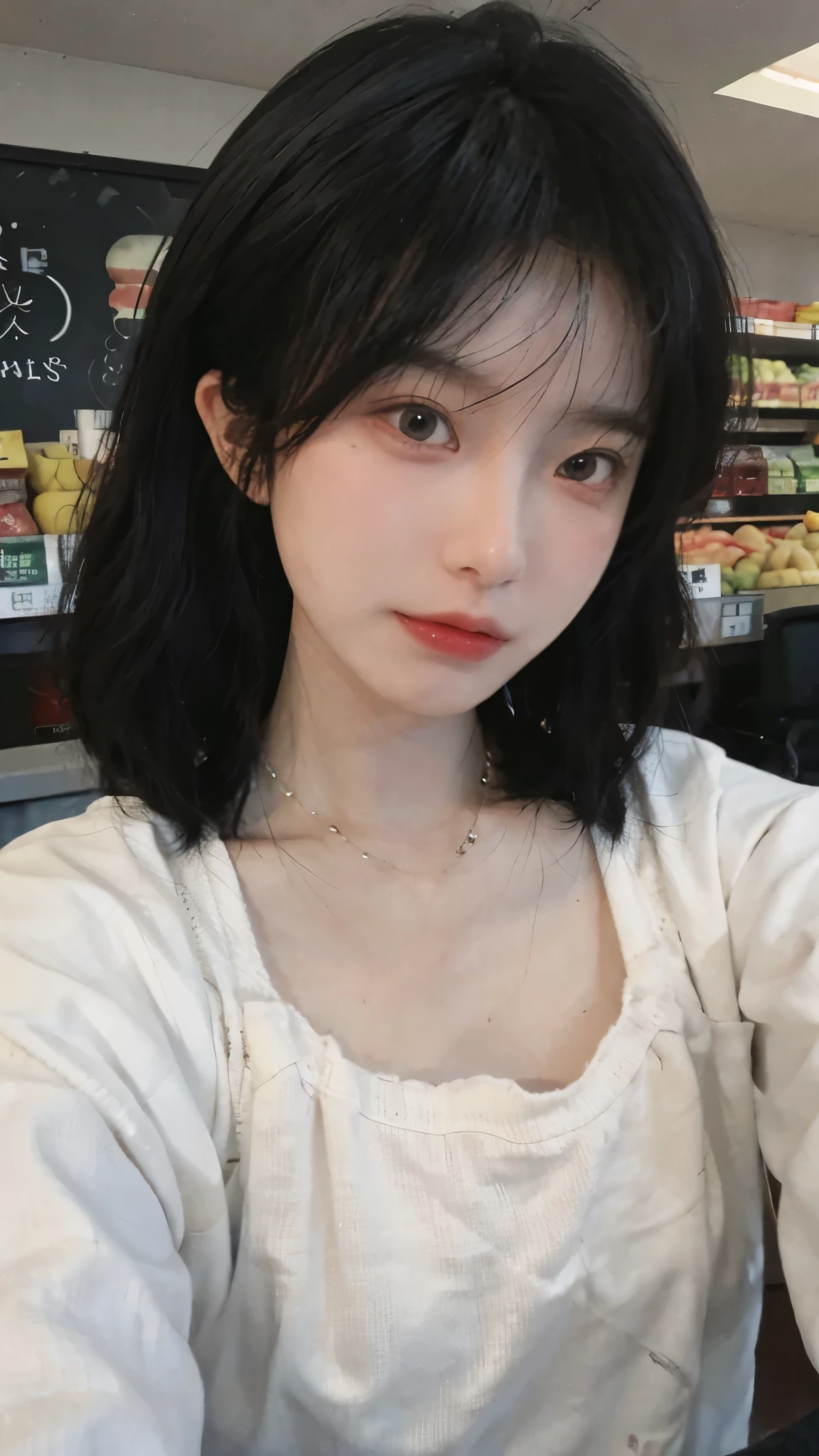 Best quality,Ultra-high resolution,(Realism:1.4),Cute hairpins,girll,Cropped black sweater,Look directly at the audience,Full of atmosphere,Beautiful woman with a slim figure:1.4,supermarket,whole body,Super delicate face,Exquisite eyes,Double eyelids,necklace