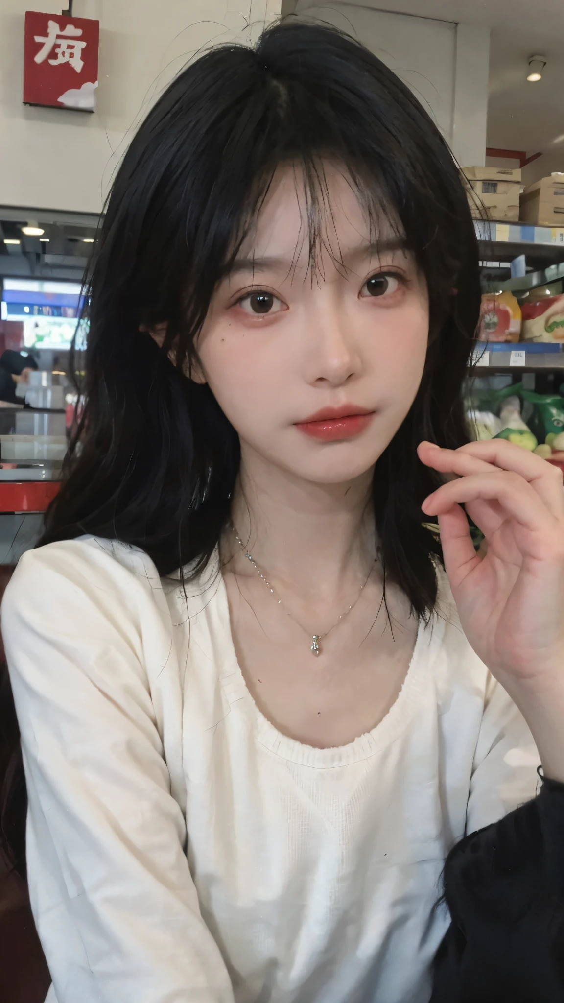 Best quality，Ultra-high resolution,(Realism:1.4)，Cute hairpins，girll,Cropped black sweater，Look directly at the audience，Full of atmosphere，Beautiful woman with a slim figure:1.4，supermarket，whole body，Super delicate face，Exquisite eyes，Double eyelids，necklace