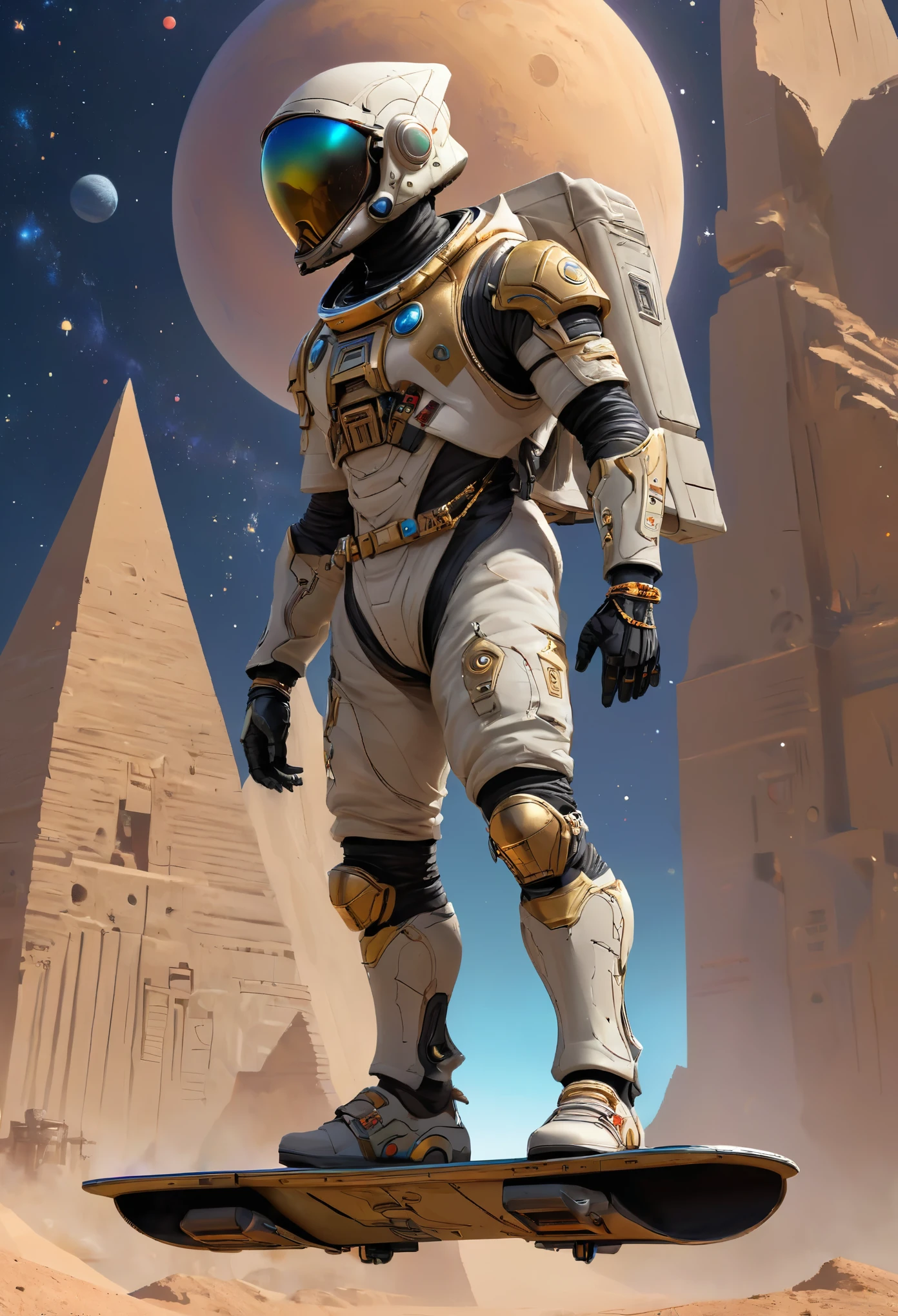8 K, hyper detailed, lifelike, hyperrealistic, Marcus Kwame Anderson art style, street art graffiti style full body shot of an alien pharaoh astronaut, wearing an Egyptian style space suit, wearing air jordan sneakers, wearing a diamond chain, hip hop fashion, dynamic pose, gliding through space on a hoverboard, planet earth pyramids in the background, solar system constellation, bright bold colors, digital art, 4k, hdr, ray-traced, cell shading, ((wearing no helmet)), rtx, unreal engine 5, highly detailed, realistic, best quality
