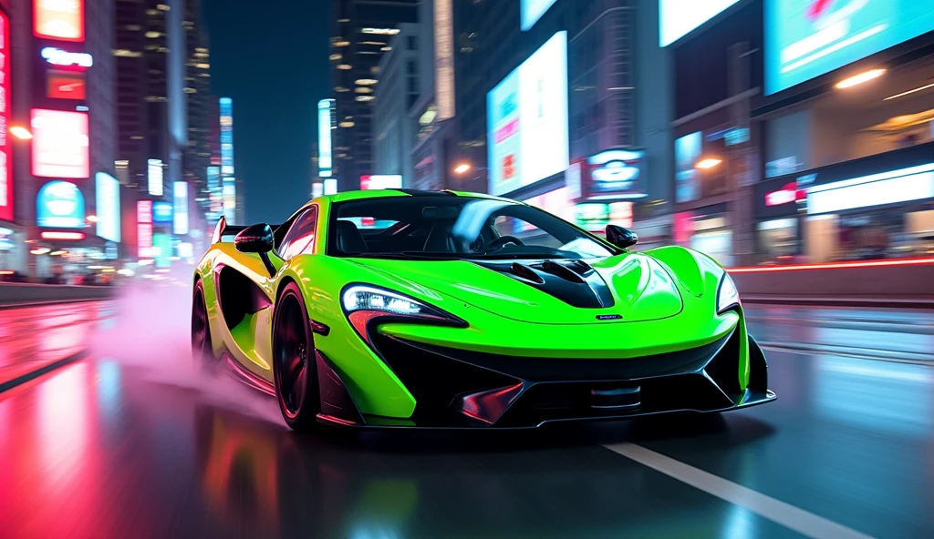 Neon Drift: A car with a sharp, angular design, painted in bright neon green and black, drifts through a bustling city intersection, with skyscrapers adorned in neon signs and electronic billboards towering above. The city’s neon lights reflect off the car’s sleek surface, enhancing its futuristic appearance. [Digital illustration, inspired by urban racing, with hyperrealistic car details], [Nighttime, neon-lit city, focus on the car, motion blur, vibrant colors].