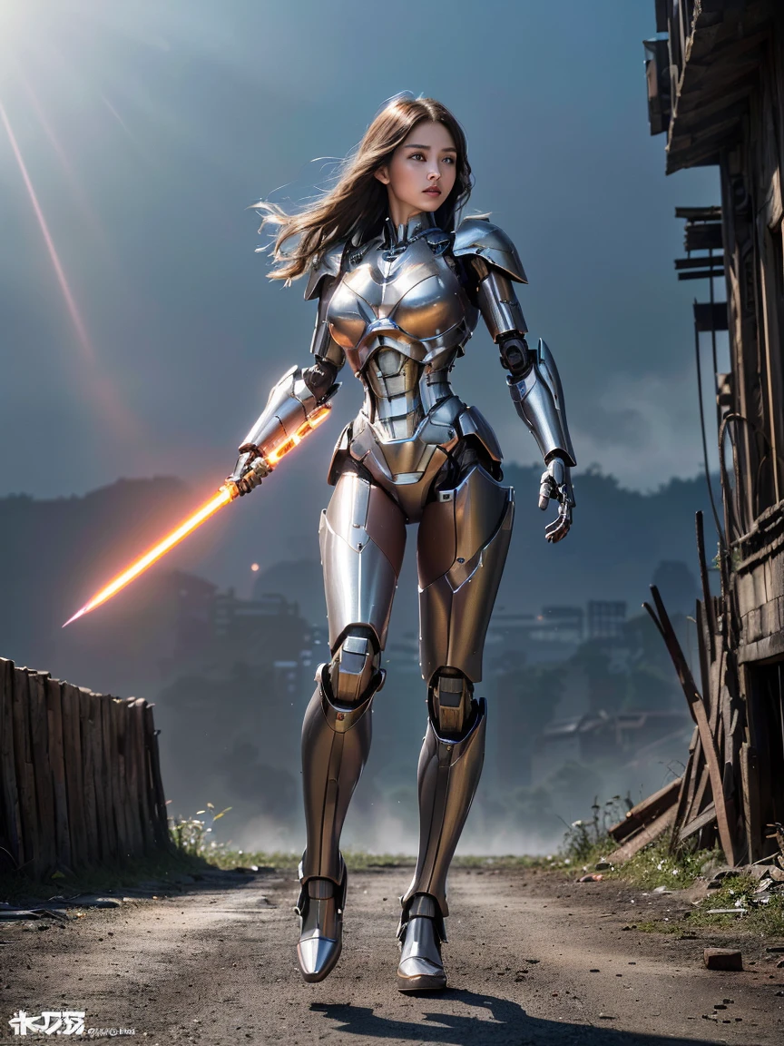 Highest quality、masterpiece、Ultra-high resolution、(Realistic:1.4)、((Full body portrait:1.2)) 、RAW Photos、1 girl、 beautiful beautiful、(( dark silver long hair Detailed, precise depictions, one by one:1.2、Metal Robot、露出したMetal骨格、Metal Mecha Chest、Full Body Metalスキン、全身を覆うMetalの鱗、Metal製のボディ、Full Body Metal、beautiful、Prosthetic arm、prosthetic limb、Full Body Cyborg、露出したMetal骨格、cyber punk、steampunk、Ultra Sharp、Huge breasts 、Bare skin exposed in the cleavage、Metal、Intricate decorative details、Very intricate detail、blue eyes、Shining Eyes、((Sharp Eye:1.2 ))A ray of light enters my eye:1.2、Looking straight at the camera、Mechanical Limbs、Mechanical vertebrae attached to the back of a blood vessel connected to a tube、Cervical vertebrae mechanically attached to the neck、Wires and cables connected to the head、Small LED Lamp、(( A suit stained brown by battle:1.2 ))、Anatomical、Facial muscles、Cable Wire Microchip、elegant、beautiful背景、Octane Rendering、HR Giger Style、Shiny silver beads、Full Body Evian) 、A lightsaber with a blade held in the right hand:1.2、An orange lightsaber emitting:1.2、Long, stretched light、god々A good appearance、Captivate what you see:1.2)、 (((Future City、The devastated cityscape:1.2、Flickering rim lights、Sharp details、Official Art、Highly detailed CG Unity 8K wallpapers、Absurd、信じられないほどAbsurd、Ruined skyscrapers:1.2、The triangular building on the verge of collapse:1.5、 Vivid morning sun:1.2、The few remaining tree lines on the roadside The green leaves burn red.:1.4、The carnage that reminds me of yesterday 、fear:1.2、 Broken Building:1.2 、Rolling concrete debris;1.5 、There's a soft light there:1.2、Ascending, rising green and gray-pink smog;1.5 )))、
