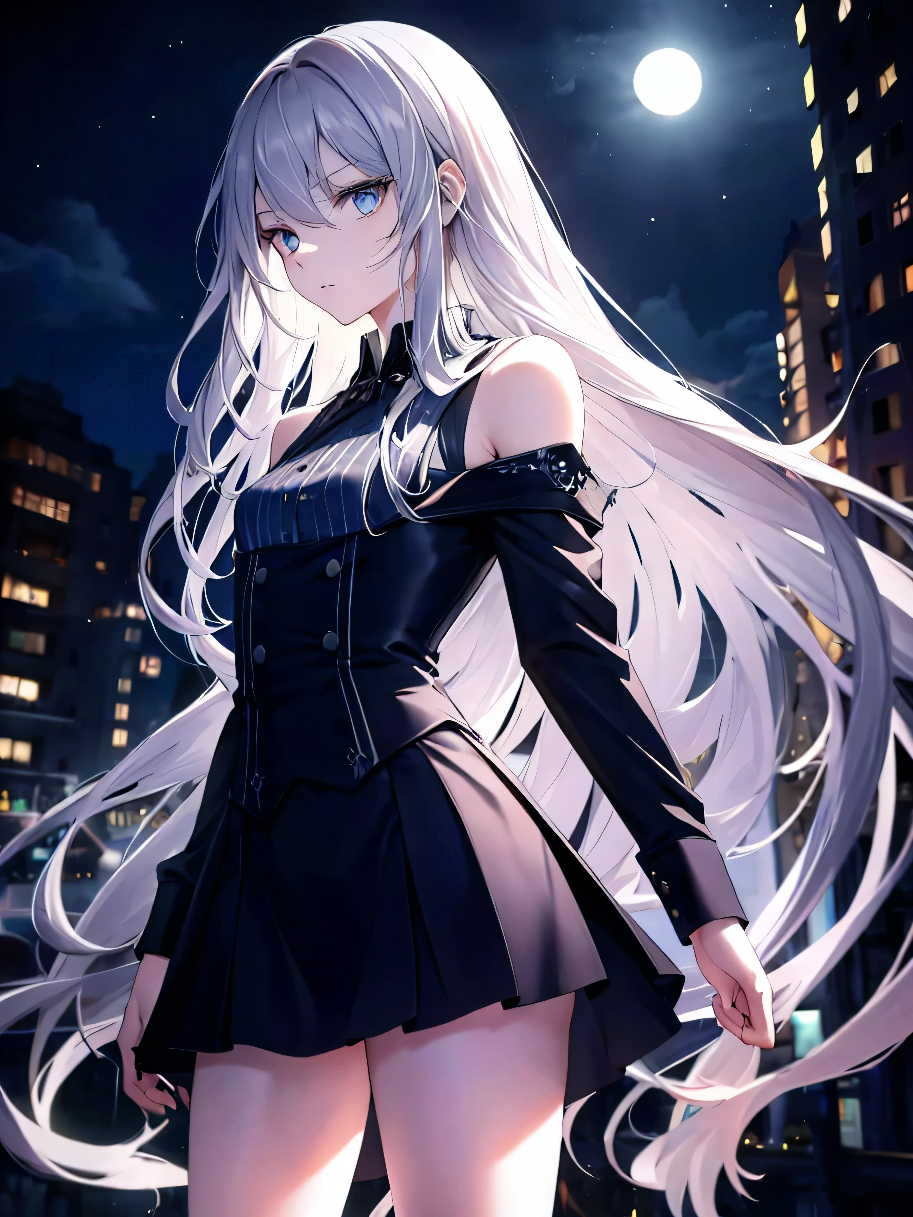((masterpiece)), ((best quality)), ((best illustration)), ((ultra-detailed)),((photorealistic color)), 1 lady, solo, ager, absurdly long hair, silver hair, straight hair, ((blue eyes)), ((ultra detailed eyes)), ((ultra detailed face)), gloomy face, lonely, looking at viewer, business suit, off shoulder, sleeveless, ((miniskirt)), bare legs, thin body, thin arms, long arms, standing, cowboy shot, side view, urban, night, moonlight, backlight