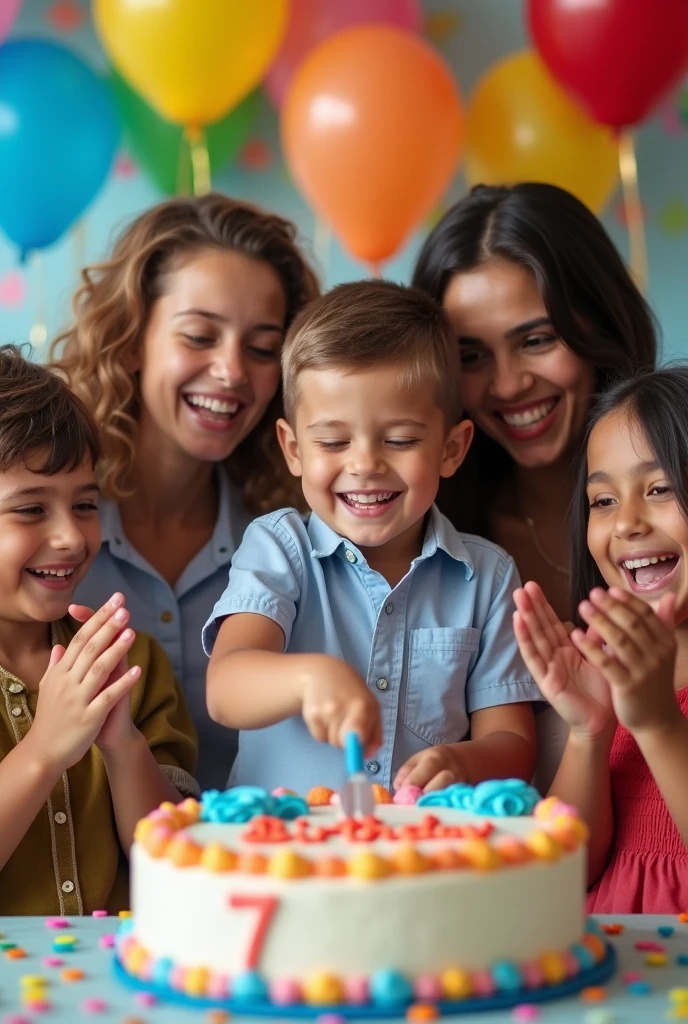 (photorealism:1.2), 7 years boy, cutting cake with friends, with happy birthday 7 written on the cake with mother