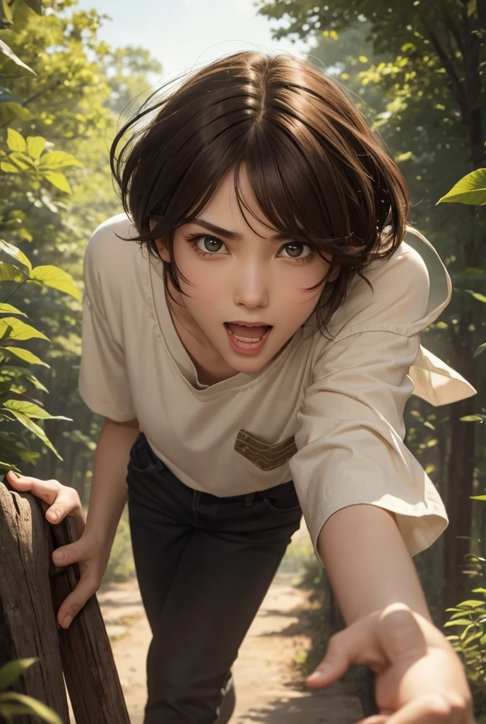 The angry face is depicted in detail with delicate strokes.、The background is strongly blurred、"A single female character in a medieval style. She has short, shoulder-length hair. She has a youthful appearance, looking like she is in her late teens, but is in fact 30 years old. She has a bright, lively attitude, with an energetic, cheerful expression. Her face has an androgynous feel, almost boyish, with soft, youthful features. Her hair is short and practical, with a natural brown color. She is slender, with a small chest and short stature. Her outfit is practical and resembles that of a country boy, consisting of shorts and a simple shirt, in a natural earth color palette. The background should be a lush, forested landscape. The background should be strongly blurred."