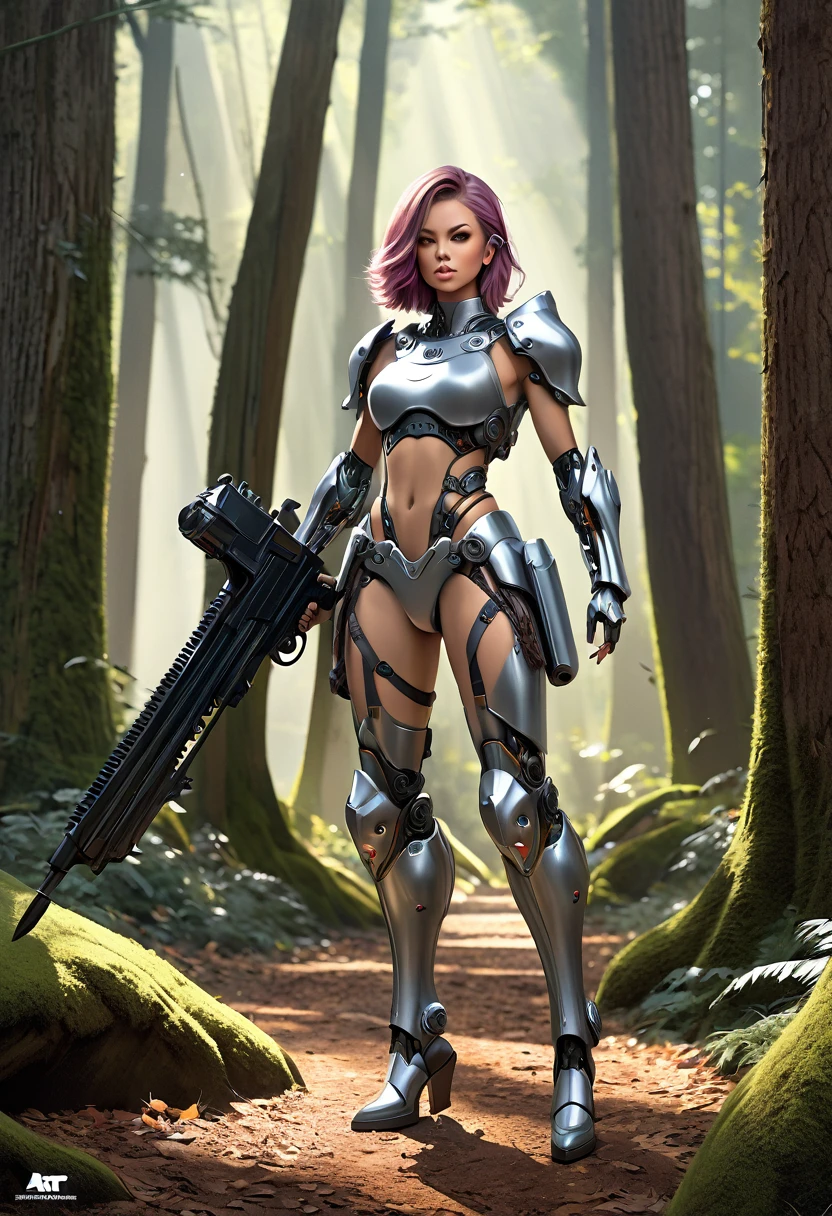 Chica Cyborg, Dirty Harry, Warrior queen, Dr Tubaksack, Cyborg, Full body, forest, heroes, D&D, fantasy, intricate, elegant, highly detailed, digital painting, artstation, octane render, midday, concept art, matte, sharp focus, illustration, full body, rule of thirds, art by James Gurney and artgerm