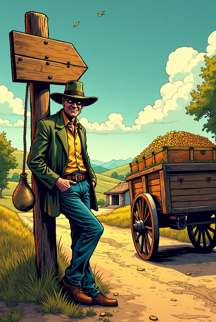 Game Banner, Shady Gentleman on the side of the road, Landscape beside, Hanging Money Bag, Beside the wagon carrying treasure chests, Comic book style