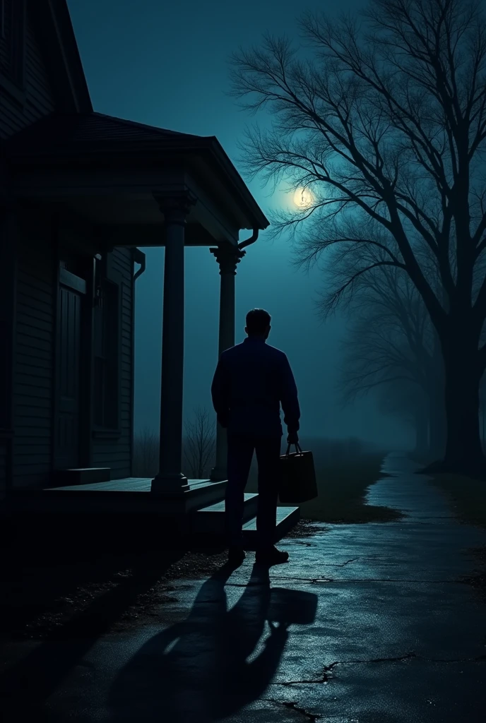 A delivery man in uniform standing at the door of a dark, isolated individual house at night. The scene should be eerie, with dim lighting casting long shadows. The delivery man is holding a food bag, and the front door is slightly ajar. The surrounding area should be empty and dark, enhancing the sense of isolation and suspense."**