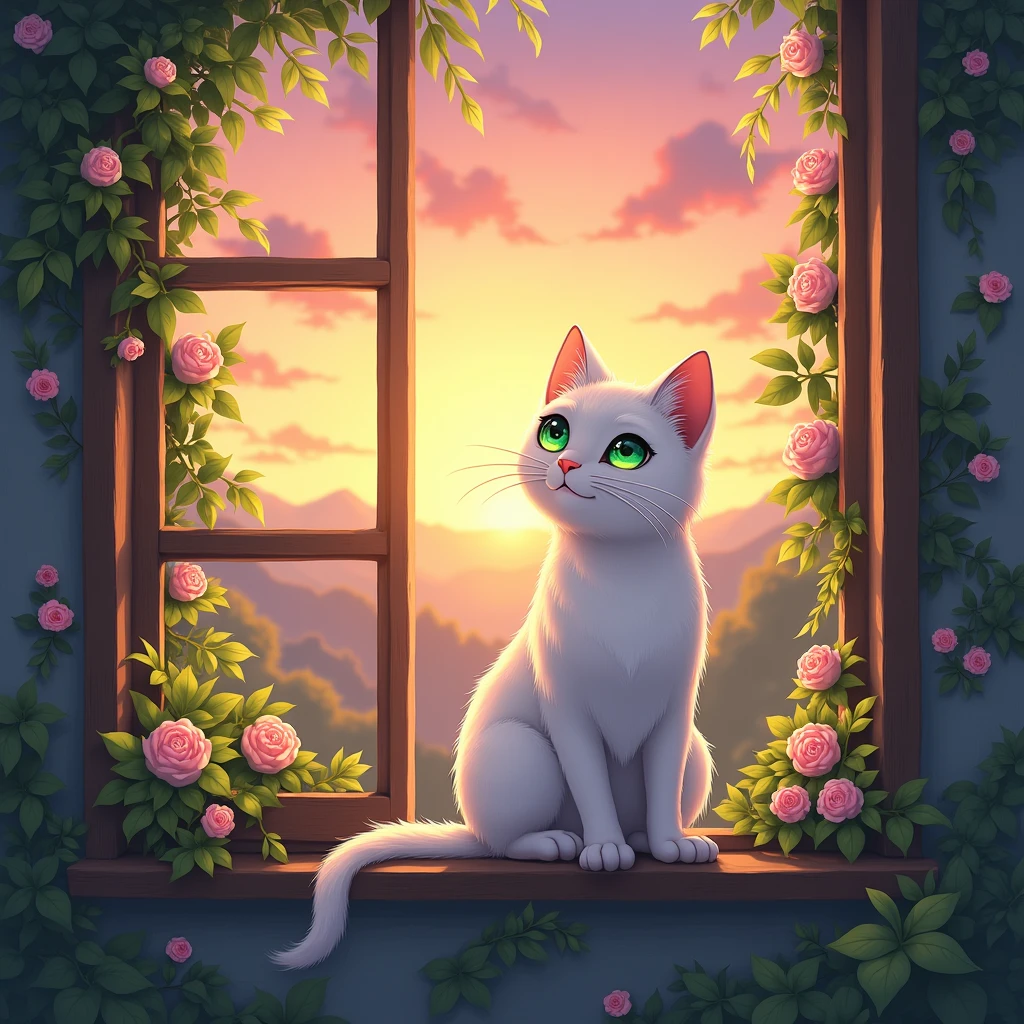Evening Serenade 、white cat 、Studio Ghibli style 、pictorial