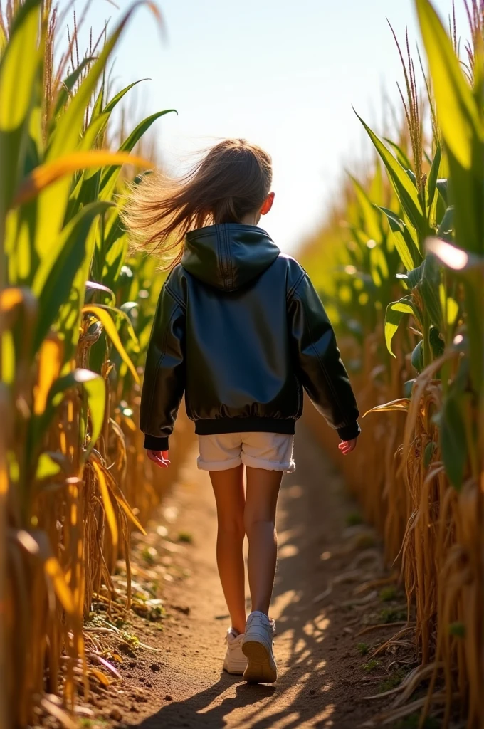 A girl with a shiny black jacket wearing white short pants walking through a corn land