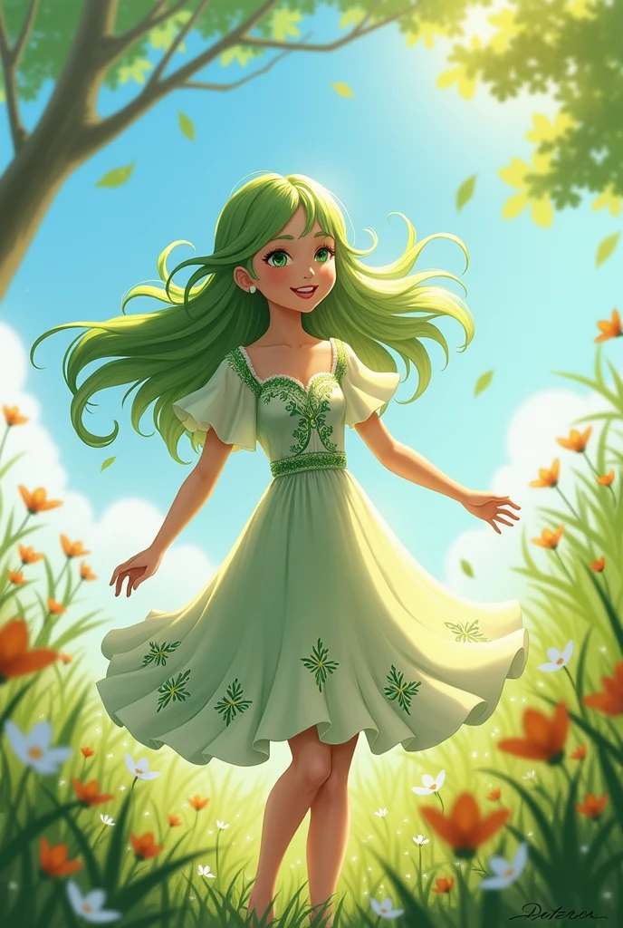 Girl,green hair,green and white dress, wind aura