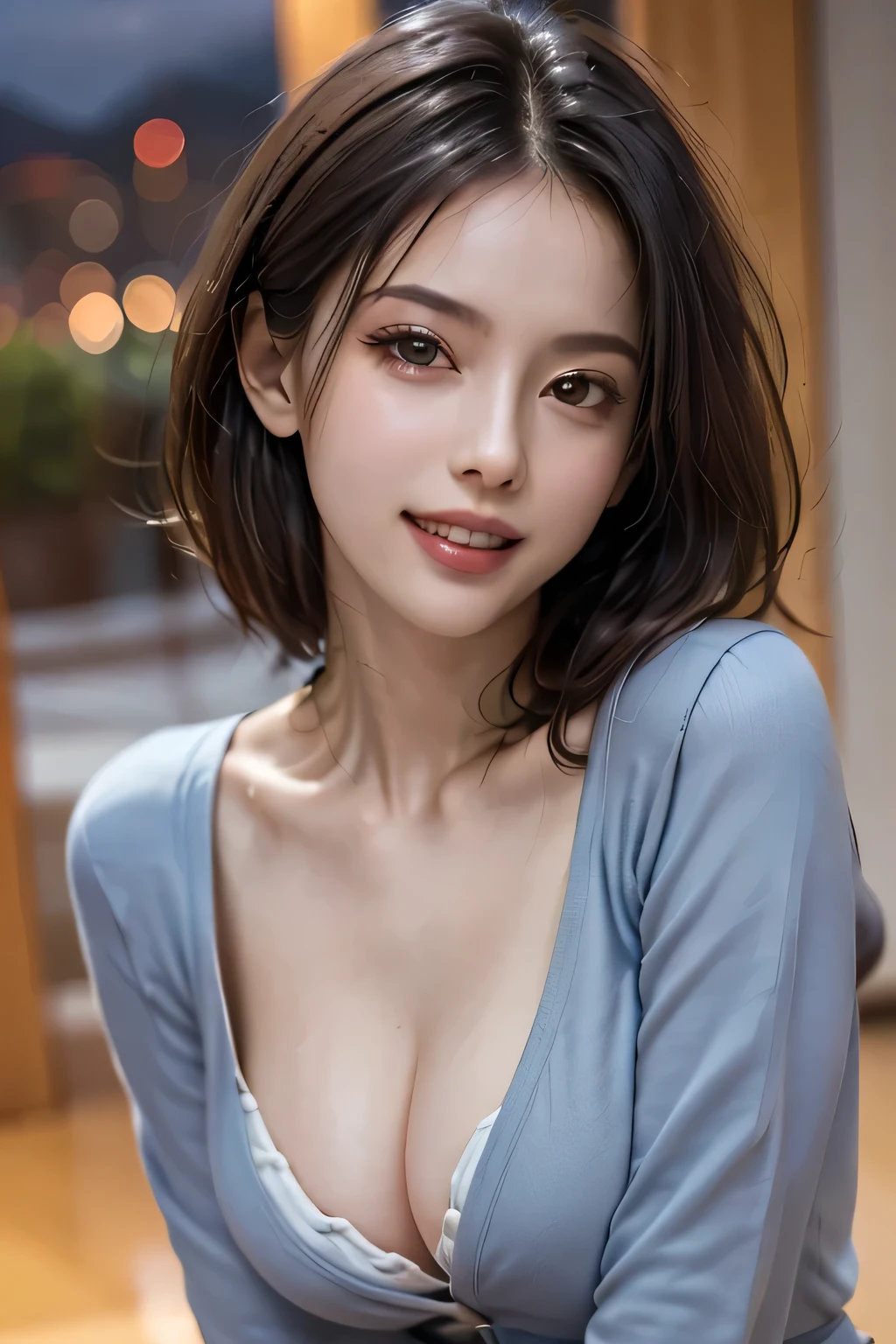 (highest quality, 8k, 32K, masterpiece), (Realistic), (Realistic:1.2), (High resolution), (night:1.7), Japan, cyber punk, 街の景Farbe, In front of the window,Wooden floor,
Blue jacket, Grey Shirt, clavicle, jewelry, gem, Brunette Bob,
1 female, 45 years old, grin, beautiful Finger, beautiful long legs, beautifulbody, beautifulNose, beautifulcharacter design, Perfect Eyes, perfectface, Expressive eyes, View your audience, Center the image, (upper_body), (Focus on her face),
Official Art, Very detailed CG Unity 8k wallpaper, Perfect lighting,Farbeful, bright_front_face_Lighting,Glowing Skin,
(masterpiece:1.0),(Highest_quality:1.0), 超High resolution,4K,Very detailed,
photograph, 8k, High resolution, High resolution, absurdes:1.2, Kodak Port 400, Film Grain, Blurred Background, bokeh:1.2, Lens flare, (Vibrant_Farbe:1.2)
(beautiful,chest), (beautiful_face:1.5),(narrow_Waist),