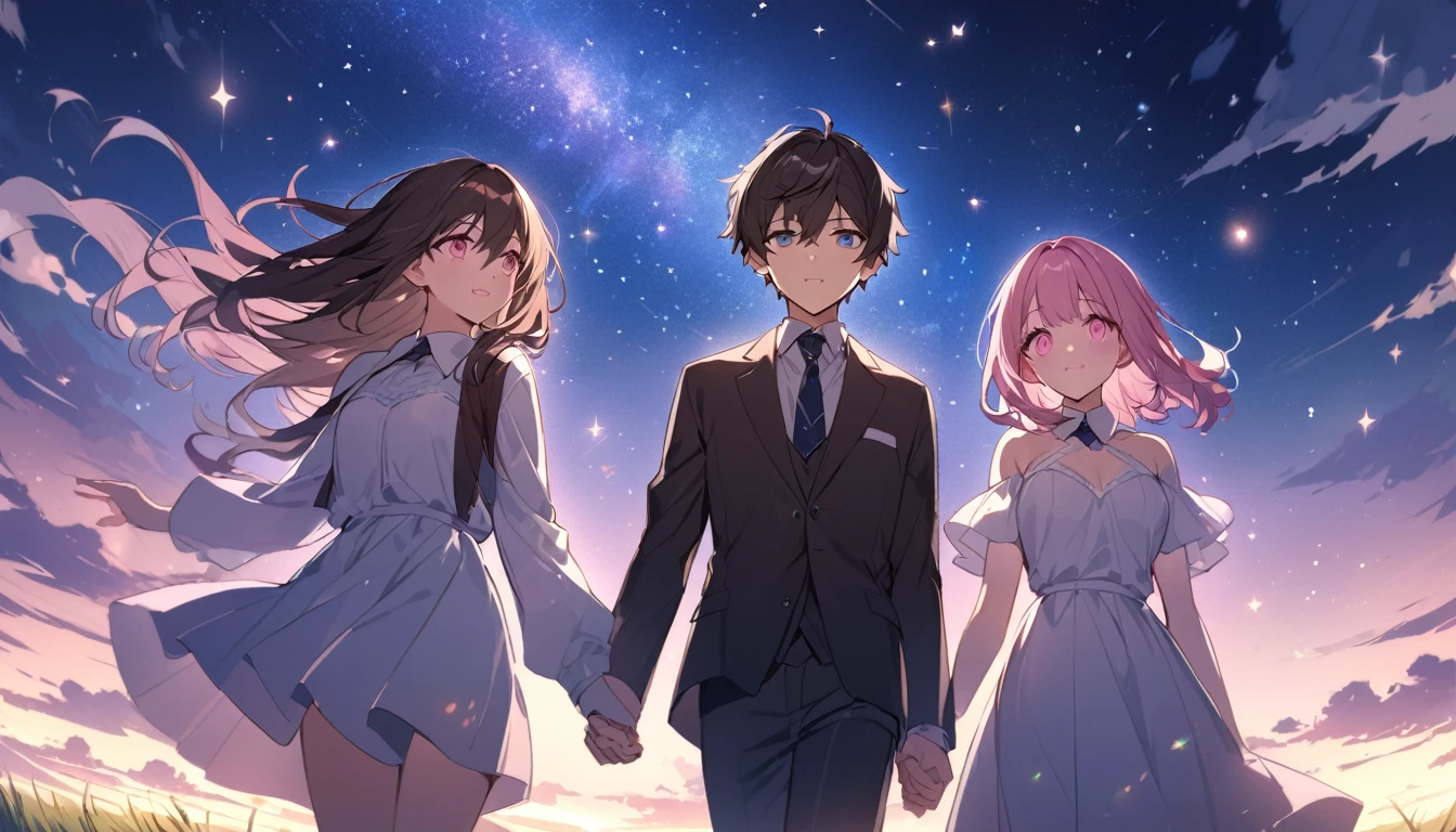 good looking, 2 high school students, Date,1 male, 1 female,Dark brown hair, Pink highlights on the tip, Pale pink eyes,A vast night sky with twinkling stars,A vast grassland,