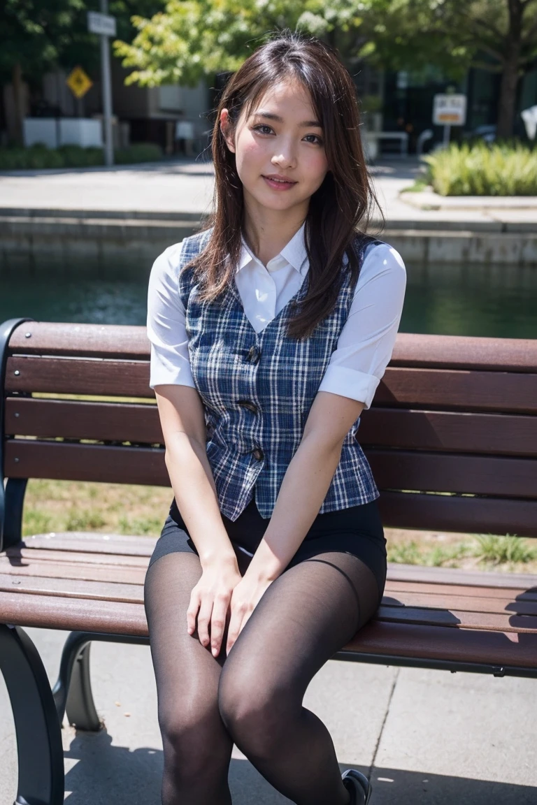 Urzan-6500-v1.1, (RAW Photos:1.2), (Realistic), (Genuine:1.4), １、Perfect Anatomy、42 years old、Looking into the camera、Medium Long Hair、Plaid vest、((Sit on a bench:1.3))、(Ultra-realistic pantyhose:1.2), (High heels)、(Business services)、Cowboy Shot