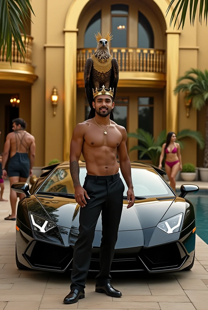 a young man of ,brazileiro,Golden Mansion,black Lamborghini,money,the 43 year old mother,in a tight dress,his 1 year old daughter playing with the pitbull,his 18 year old wife in a bikini in the pool,and a hawk on his head with a golden crown