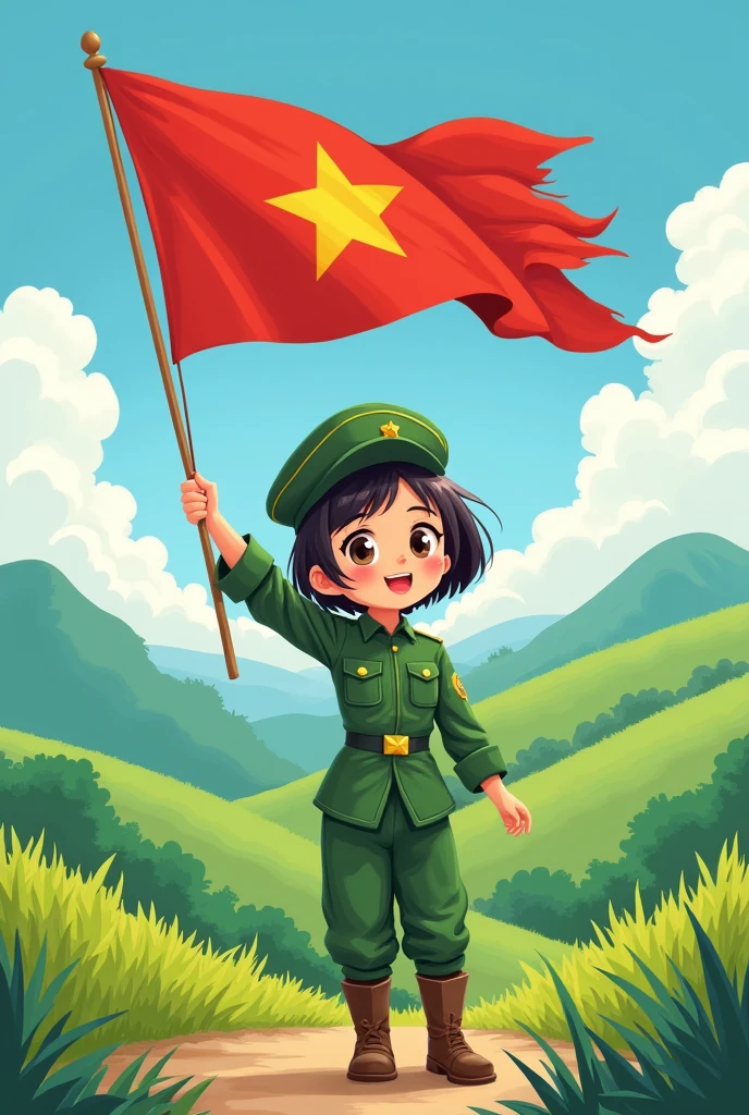 A female Vietnamese soldier wearing a Vietnamese uniform is holding up the Vietnamese flag.
Simple 2D style drawing that even kids can draw.