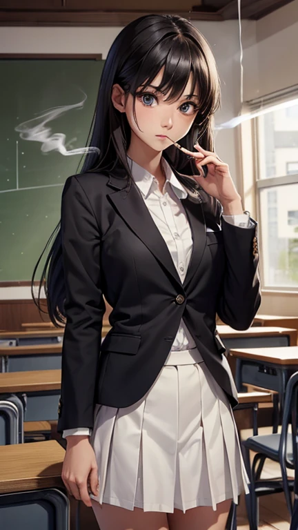 mioakiyama, mio akiyama, long hair, bangs, black hair, (black eyes:1.3), hime cut,
BREAK sakuragaoka high school uniform, school uniform, uniform, blazer, shirt, white shirt, collared shirt, skirt, pleated skirt,
BREAK indoors, classroom,
BREAK looking at viewer, (cowboy shot:1.5),
BREAK (masterpiece:1.2), best quality, high resolution, unity 8k wallpaper, (illustration:0.8), (beautiful detailed eyes:1.6), extremely detailed face, perfect lighting, extremely detailed CG, (perfect hands, perfect ???????),(Smoking: 1.5), 1 cigarette, cigarette smoke, displeased expression, glaring at me