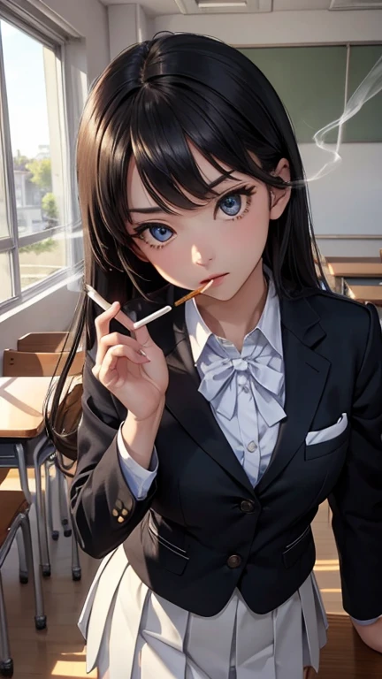mioakiyama, mio akiyama, long hair, bangs, black hair, (black eyes:1.3), hime cut,
BREAK sakuragaoka high school uniform, school uniform, uniform, blazer, shirt, white shirt, collared shirt, skirt, pleated skirt,
BREAK indoors, classroom,
BREAK looking at viewer, (cowboy shot:1.5),
BREAK (masterpiece:1.2), best quality, high resolution, unity 8k wallpaper, (illustration:0.8), (beautiful detailed eyes:1.6), extremely detailed face, perfect lighting, extremely detailed CG, (perfect hands, perfect anatomy),(Smoking: 1.5), 1 cigarette, cigarette smoke, displeased expression, glaring at me