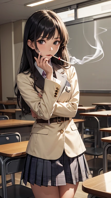 mioakiyama, mio akiyama, long hair, bangs, black hair, (black eyes:1.3), hime cut,
BREAK sakuragaoka high school uniform, school uniform, uniform, blazer, shirt, white shirt, collared shirt, skirt, pleated skirt,
BREAK indoors, classroom,
BREAK looking at viewer, (cowboy shot:1.5),
BREAK (masterpiece:1.2), best quality, high resolution, unity 8k wallpaper, (illustration:0.8), (beautiful detailed eyes:1.6), extremely detailed face, perfect lighting, extremely detailed CG, (perfect hands, perfect anatomy),(Smoking: 1.5), 1 cigarette, cigarette smoke, displeased expression, glaring at me