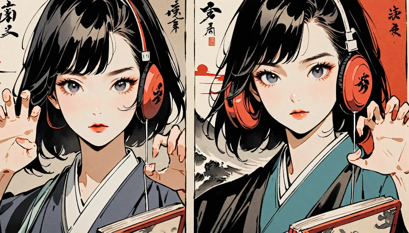Ink Painting, (((1 person))), (((claw pose))), (((Refers to 5 books))), Japanese style headphones, face close-up, beautiful girl, Black Hair, Delicate and precise, Modern ukiyo-e style, Female Samurai