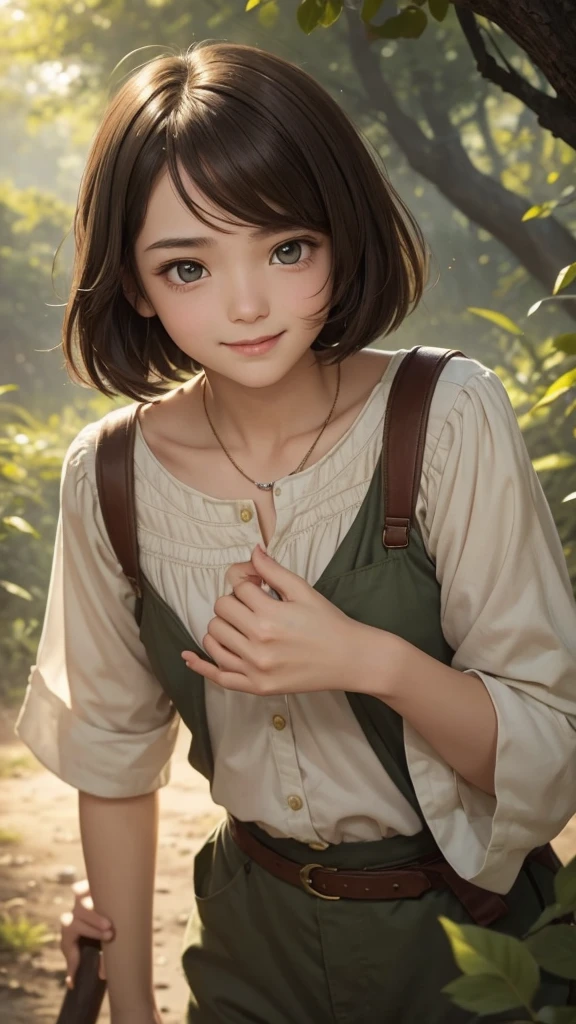 The troubled expression is depicted in detail with delicate strokes.、The background is strongly blurred、"A single female character in a medieval style. She has short, shoulder-length hair. She has a youthful appearance, looking like she is in her late teens, but is in fact 30 years old. She has a bright, lively attitude, with an energetic, cheerful expression. Her face has an androgynous feel, almost boyish, with soft, youthful features. Her hair is short and practical, with a natural brown color. She is slender, with a small chest and short stature. Her outfit is practical and resembles that of a country boy, consisting of shorts and a simple shirt, in a natural earth color palette. The background should be a lush, forested landscape. The background should be strongly blurred."