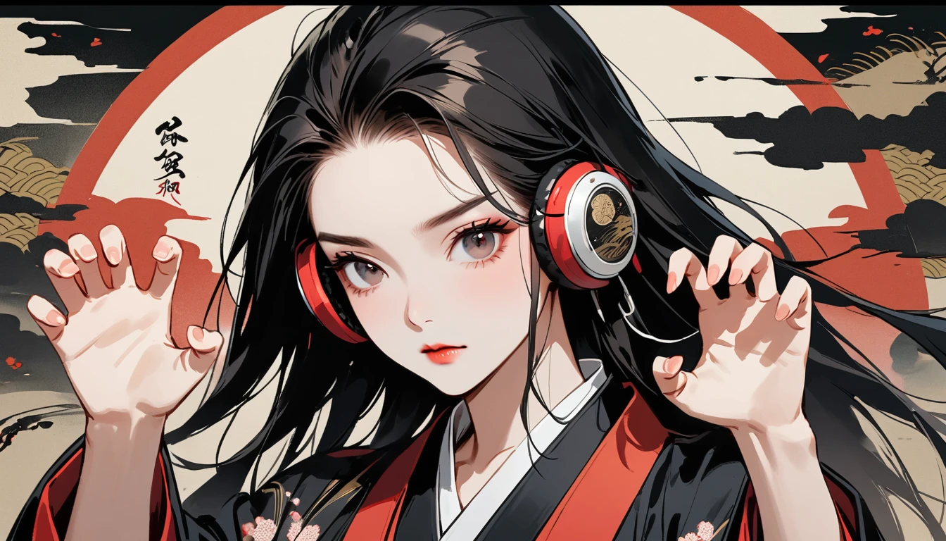 Ink Painting, (((1 person))), (((claw pose))), (((Refers to 5 books))), Japanese style headphones, face close-up, beautiful girl, Black Hair, Delicate and precise, Modern ukiyo-e style, Female Samurai