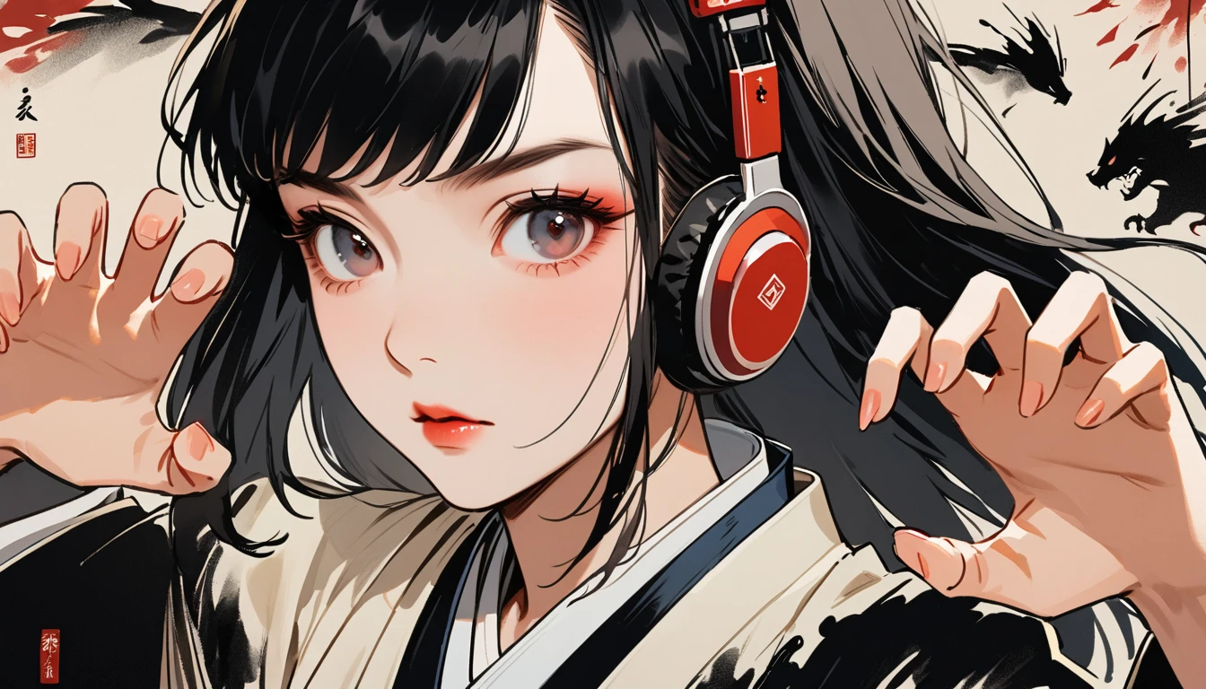 Ink Painting, (((1 person))), (((claw pose))), (((Refers to 5 books))), Japanese style headphones, face close-up, beautiful girl, Black Hair, Delicate and precise, Modern ukiyo-e style, Female Samurai