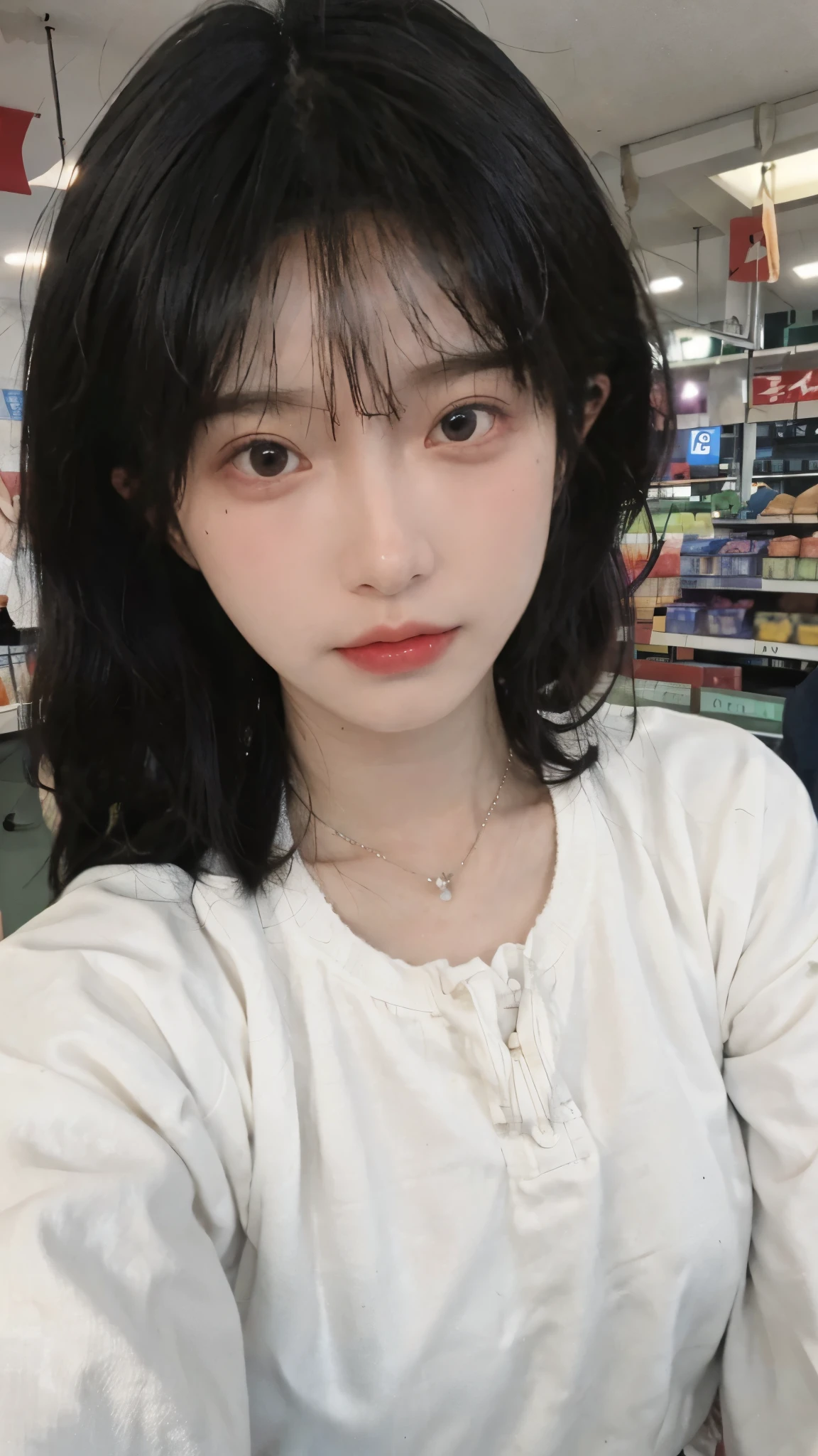 Best quality，Ultra-high resolution,(Realism:1.4)，Cute hairpins，girll,Cropped black sweater，Look directly at the audience，Full of atmosphere，Beautiful woman with a slim figure:1.4，supermarket，whole body，Super delicate face，Exquisite eyes，Double eyelids，necklace