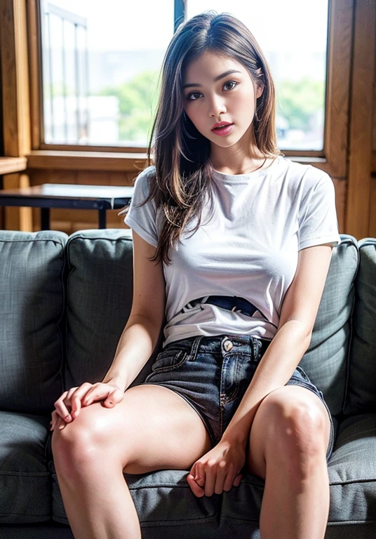 A boldly composed photograph of a Japanese woman that looks like it was taken by a famous artistic photographer, (((Blockbuster art photography)), (8k, Highest quality). A stunning composition using a model with excellent proportions. Perfect beauty model with a confident and balanced appearance, ((Highest quality質)), ((masterpiece)), (Familiar:1.4), ((Highest quality質のリアルな写真)), ((Shot with Hasselblad)), ((Best photo quality)), Beautiful womanの画像,Super Resolution,Slim and perfectly proportioned, Beautiful woman, ((Highest quality質, 8k, masterpiece: 1.3)), Beautiful woman, 1 female, Slim figure: 1.1, Perfect beauty, 20-year-old, (Realistic: 1.4), Ahegao, Shining Sweat, thin, Art photo composition with space around the woman, See through, (((Filming in a spacious studio))), (((The background is only gray and there is nothing.))), Full body photo, Anatomically correct hand, Anatomically correct legs, anatomically correct whole body, Marble room, White T-shirt and hot pants. Cowboy Shot, (((Holding your crotch with your hand))). (((Sitting on the sofa facing forward))), Spread your legs,