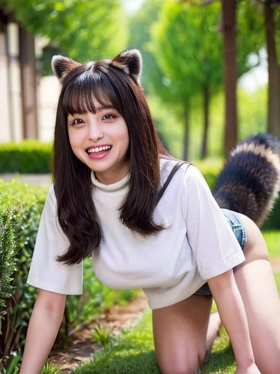 ((Highest quality, 8k)), ((masterpiece)), (Highest Resolution), Perfect Face, Raccoon-eared woman, Female college student, Beautiful woman, Outdoor, One tail, she has thick thighs, Big raccoon tail, She has a brown raccoon tail, She wags her tail, Laugh with your teeth showing, Fur collar, She is wearing a shirt and jeans., Beautiful Hips , The raccoon tail sticks out of her panty, Big Breasts, On all fours