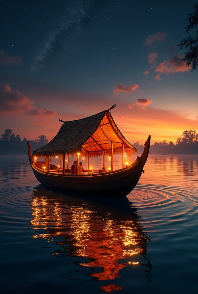 Small shikara
 with fairy lights and candle, lamps.sunset with red orange yellow blue black colour down to top these colours, stars , shimmering water,no human,add roof on boat ,remove mountain and sun



