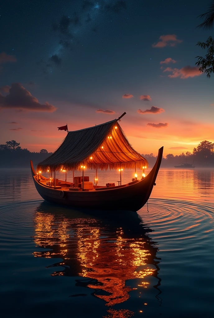 Small shikara
 with fairy lights and candle, lamps.sunset with red orange yellow blue black colour down to top these colours, stars , shimmering water,no human,add roof on boat ,remove mountain and sun



