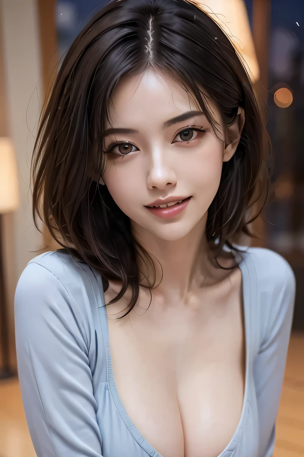 (highest quality, 8k, 32K, masterpiece), (Realistic), (Realistic:1.2), (High resolution), (night:1.7), Japan, cyber punk, 街の景Farbe, In front of the window,Wooden floor, 
Blue jacket, Grey Shirt, clavicle, jewelry, gem, Brunette Bob, 
1 female, 45 years old, grin, beautiful Finger, beautiful long legs, beautifulbody, beautifulNose, beautifulcharacter design, Perfect Eyes, perfectface, Expressive eyes, View your audience, Center the image, (upper_body), (Focus on her face),
Official Art, Very detailed CG Unity 8k wallpaper, Perfect lighting,Farbeful, bright_front_face_Lighting,Glowing Skin,
(masterpiece:1.0),(Highest_quality:1.0), 超High resolution,4K,Very detailed,
photograph, 8k, High resolution, High resolution, absurdes:1.2, Kodak Port 400, Film Grain, Blurred Background, bokeh:1.2, Lens flare, (Vibrant_Farbe:1.2)
(beautiful,chest), (beautiful_face:1.5),(narrow_Waist),