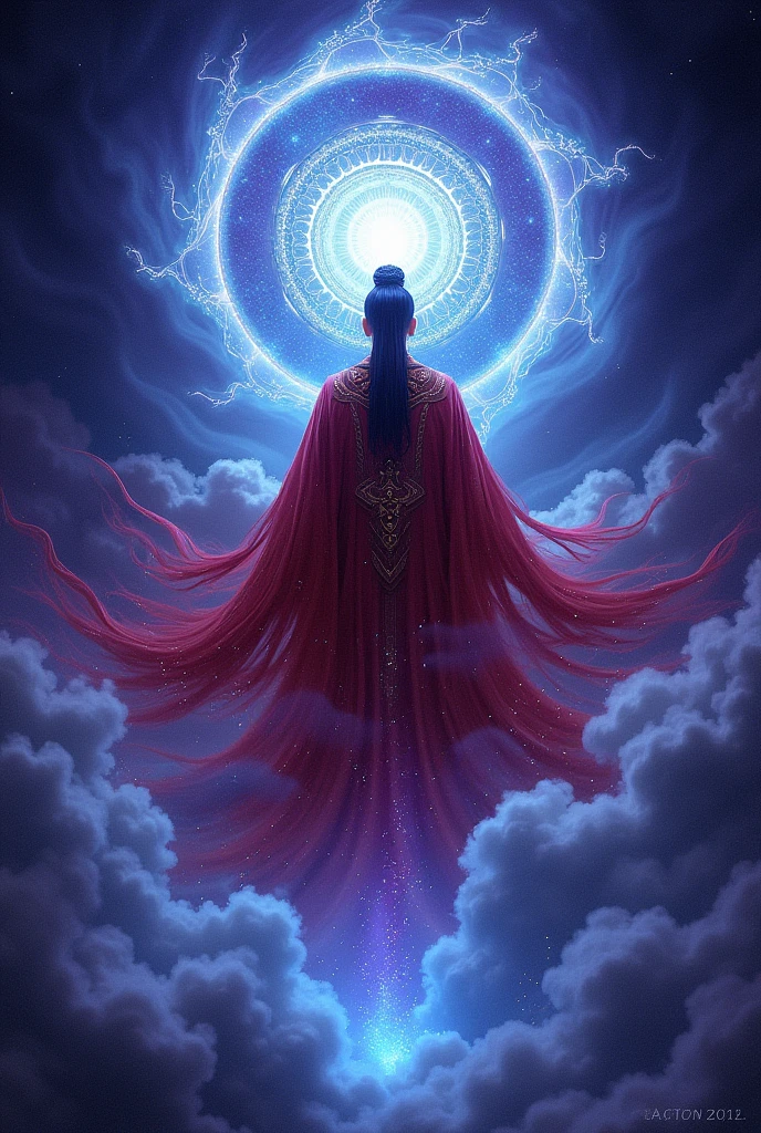 the card background is a deep dark purple,The scene needs to be symmetrical,2D image,As if hiding endless mysterious powers。the Tai Sui Star God seems to be hidden in the clouds,Looming。he wears a flowing, colorful crimson robe。the edge of the card is a circle of flowing blue light,like mysterious energy circulating