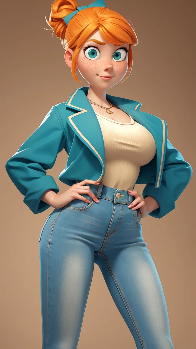 1 girl, Orange hair in a bun, green eyes, slight smile, freckles on cheeks, thin eyebrows, white necklace with a bow, Teal jacket, Pale skin, standing, Cartoon, (pixar:1.2), Lucy Wilde , Long nose, Bumps, tight short jeans, full body view, Wide hips, huge breasts, tight top, camel toe, big breasts, huge breasts, camel toe, Wide hips