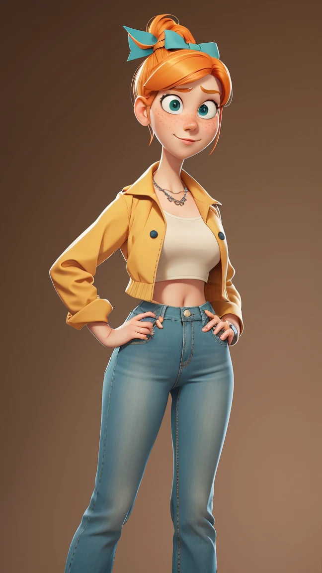 1 girl, Orange hair in a bun, green eyes, slight smile, freckles on cheeks, thin eyebrows, white necklace with a bow, Teal jacket, Pale skin, standing, Cartoon, (pixar:1.2), Lucy Wilde , Long nose, Bumps, tight short jeans, full body view, Wide hips, huge breasts, tight top, camel toe, big breasts, huge breasts, camel toe, Wide hips