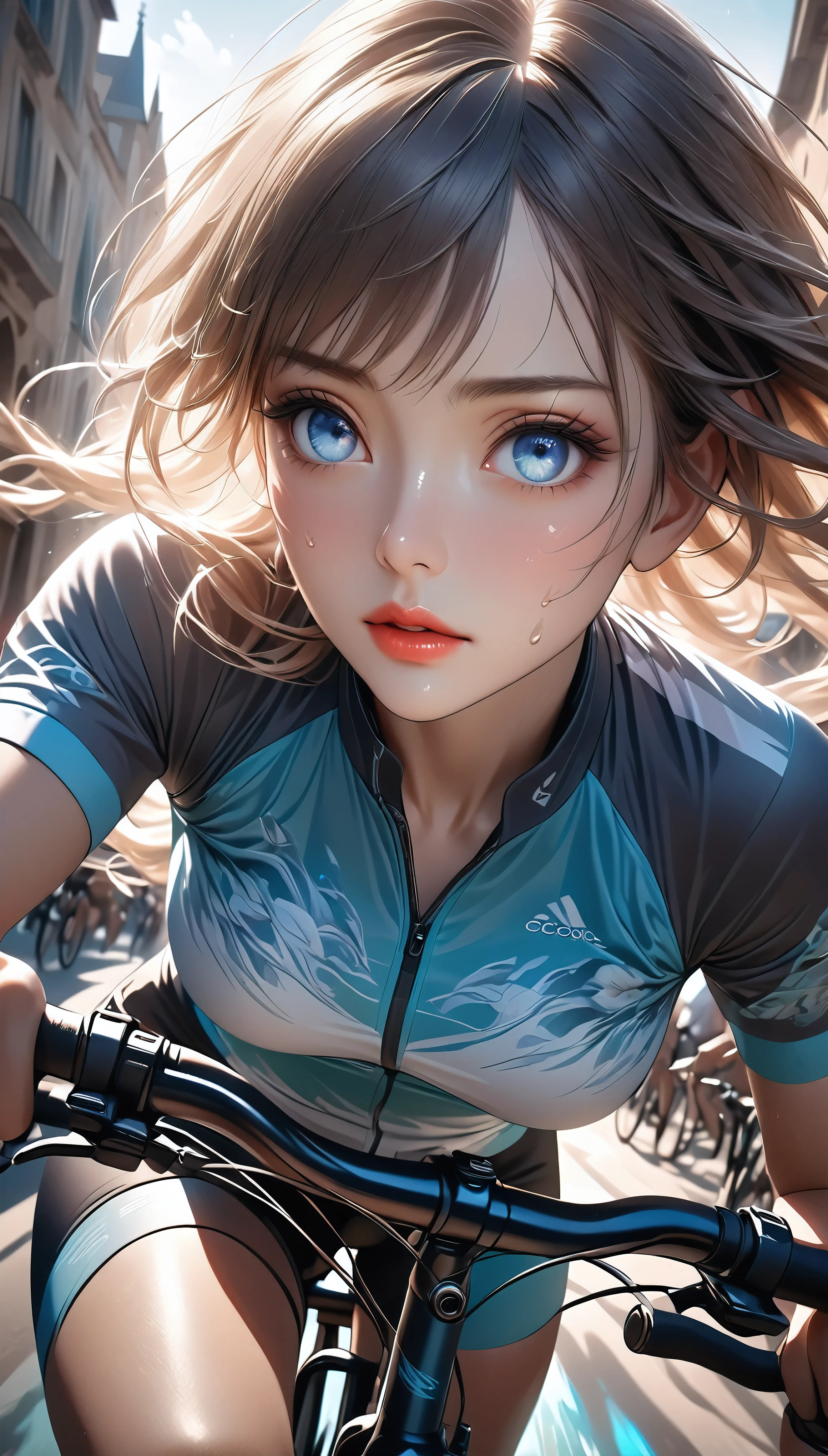 A beautiful cyclist is riding a bicycle in a forward leaning position., detailed face, beautiful eyes, luscious lips, タイトなスポーツウェア, Dynamic movements, Feminine motion, Refreshing sweat, chiaroscuro lighting, cinematic composition, fresh color palette, renaissance water oil painting, dramatic shadows, intricate details, ultra-detailed, shot from below, photorealistic, masterpiece, 8k