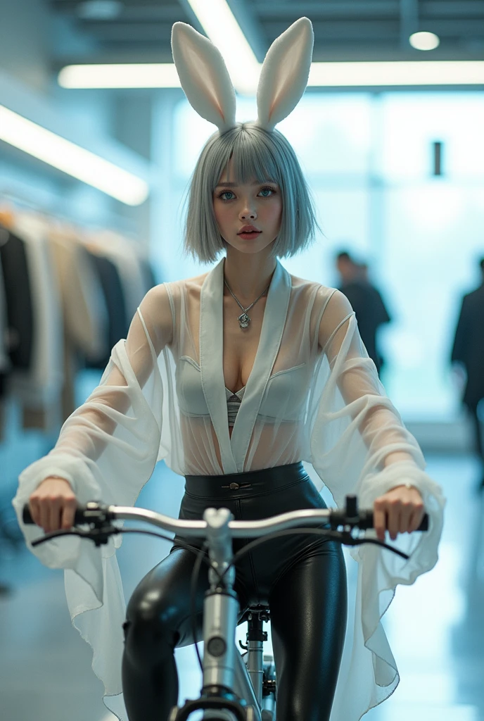 best quality, Extremely detailed, Surreal, 1girl riding bike, full-body shot, White Webbed Bunny Ears, Cyberpunk Kimono Top, translucent, Low-rise black leggings, Designed for flexibility,Surface reflects light softly, In a Futuristic Design Showroom, Futuristic Decor, High-tech accessories, Fusion of advanced technology and nature, Bold and Minimalist Design, /// /// Gray short hair, Bright blue eyes, The face is well defined，cute, big eyes, Highlight her fair and bright skin, Calm expression, Cybernetic enhancement, Striking elegance, Upward Medium and Lively Bust, and rounded medium hips, Exuding the beauty of sculpture,