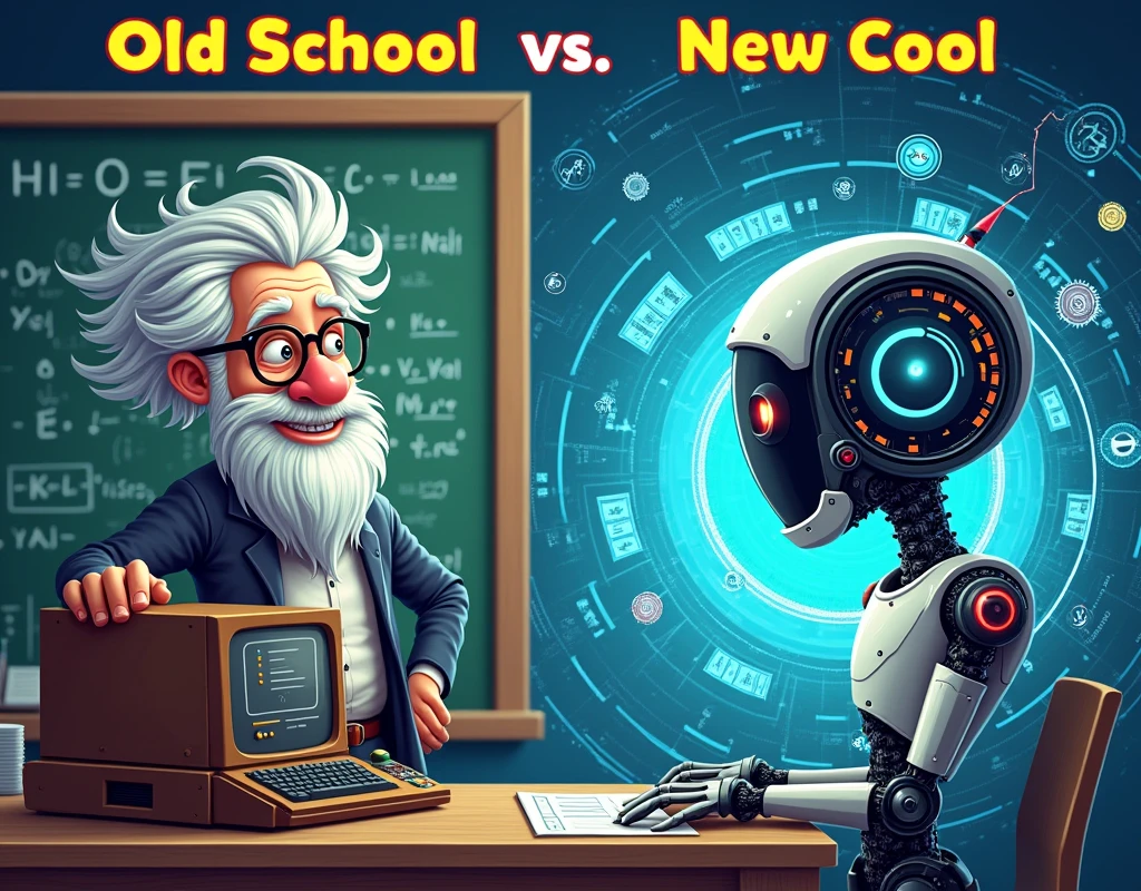 Create a meme-style image for a linked post thumbnail with the title 'In the Era of LLMs: Is There Still a Place for Traditional ML in NLP?' The image should feature a humorous contrast between 'Traditional ML' and 'LLMs' (Large Language Models). On one side, depict 'Traditional ML' as an old, wise professor with a chalkboard full of equations and a vintage computer. On the other side, show 'LLMs' as a futuristic, sleek AI robot with a holographic interface and advanced technology. Include a bold text overlay: 'Old School vs. New Cool'. The overall tone should be light-hearted and engaging.