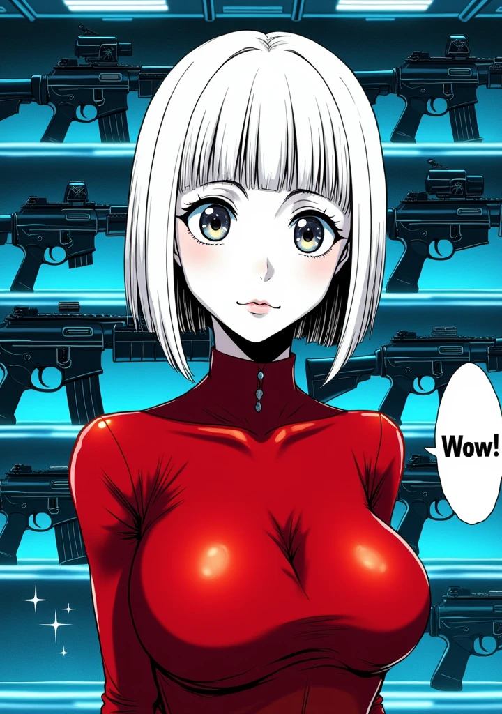 4K black and white image, manga style with light lines and cross-hatching, Close-up of a young woman with short, straight, platinum blonde hair cut into a straight bob with straight bangs that reach her eyebrows, Her eyes They are wide open and her pupils are dilated, while her mouth forms a perfect "O". She wears a tight red latex suit that highlights her curves, (( She is standing in front of a shelf with a futuristic design, illuminated by blue LED lights that dye the environment with a cold, metallic tone, The shelf is filled with laser assault rifles that emit a soft glow, creating an ambient lighting effect)), The environment is the interior of a spaceship, with luminous control panels and windows showing the stars, In the lower right corner, you can read the Japanese onomatopoeia: ¨Wow!" in a speech bubble, Art style: Black and white manga, clear line, JoJo's Bizarre Adventure style, dynamic poses, contrasting shadows, vector art Inspired by the works of Hirohiko Araki