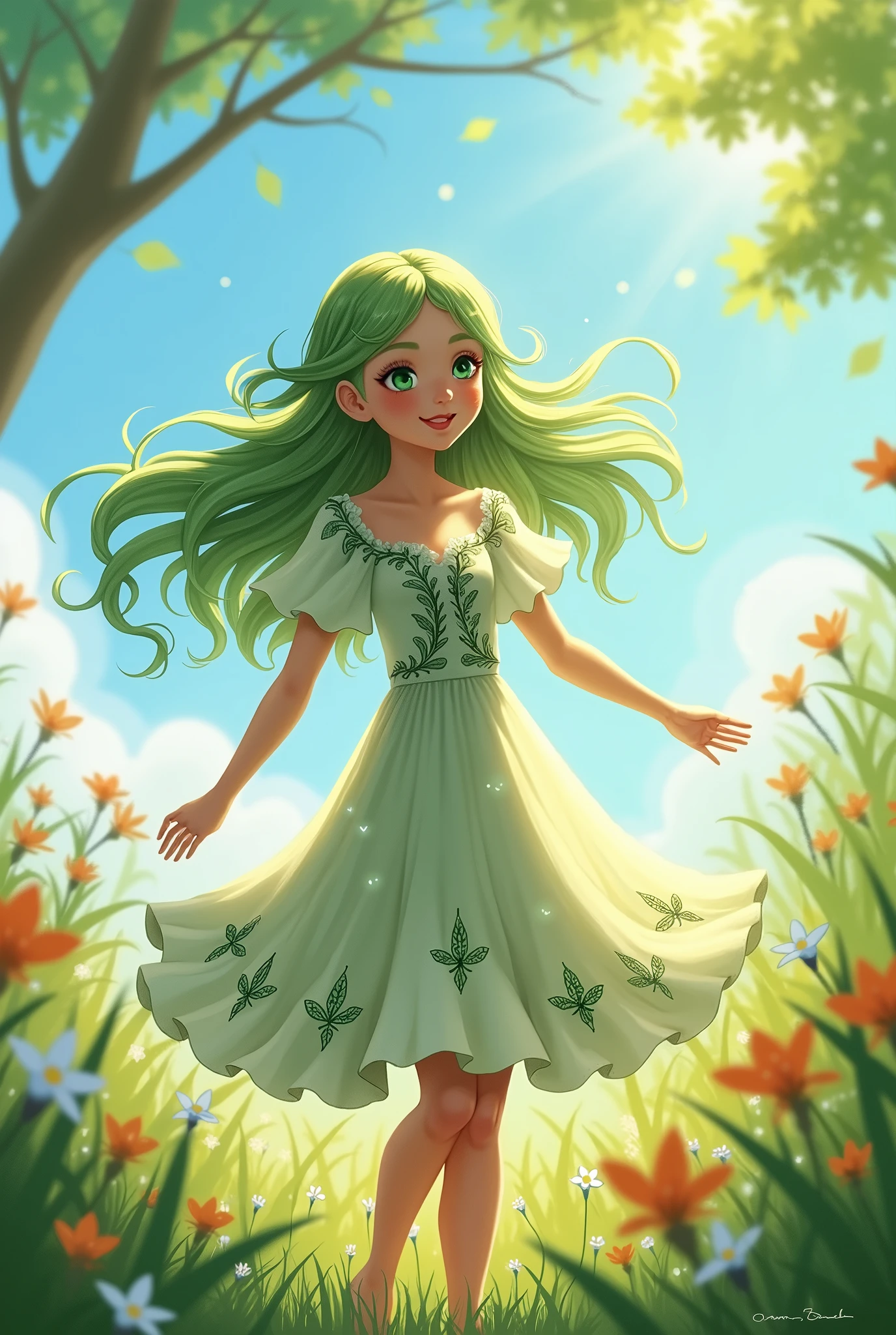 Girl,green hair,green and white dress, wind aura