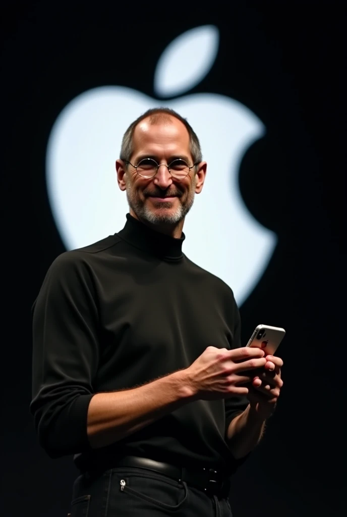 "A close-up image of Steve Jobs holding the first iPhone on stage, with the Apple logo subtly glowing in the background, under dramatic lighting."